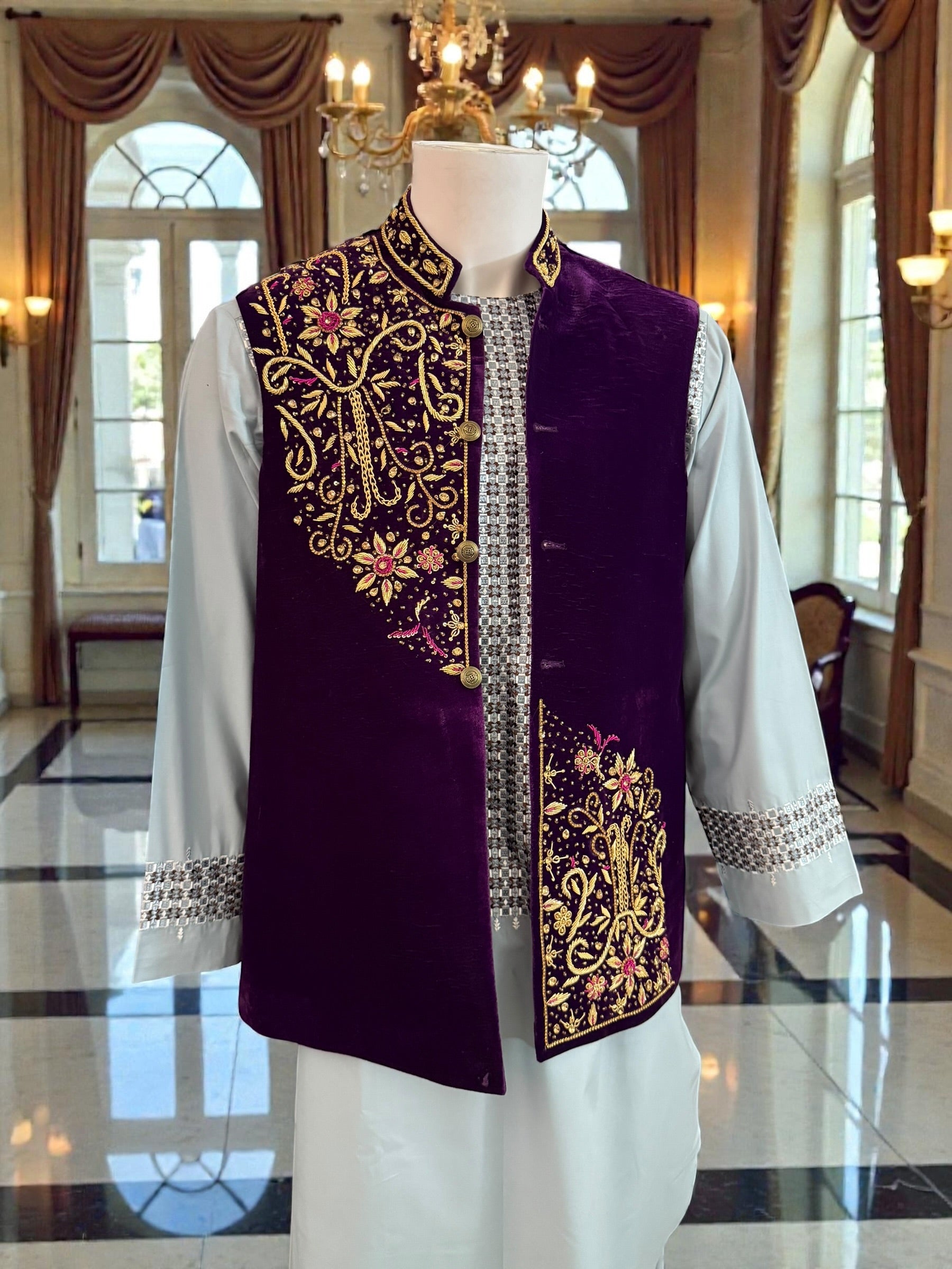 Large Royal Purple Velvet Waistcoat – Luxury Gold & Pink Hand-Embroidered Dabka, Zari, Tilla Work Medium to Large