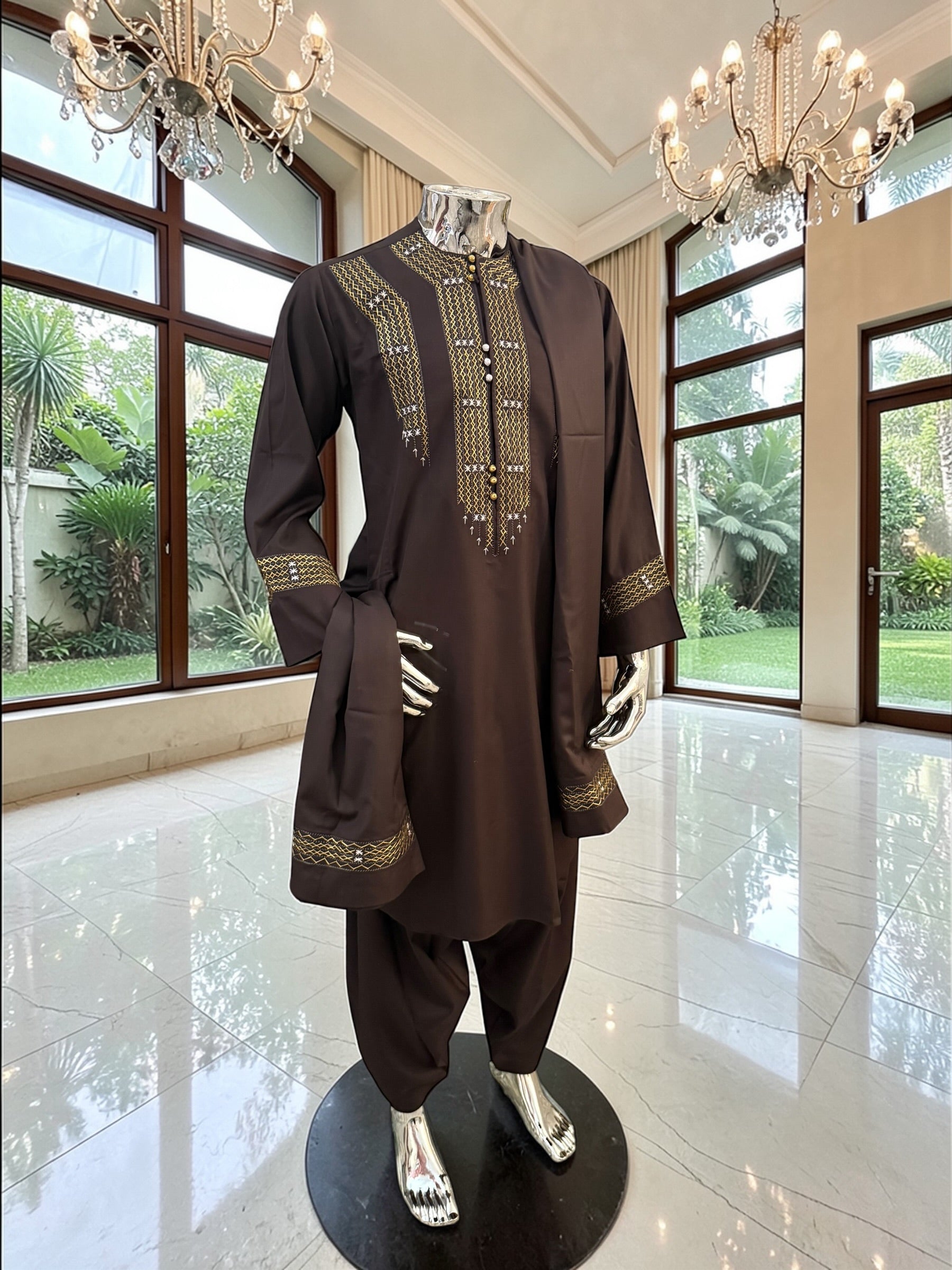 Hand Embroidered Afghan Parahan Tunban – Brown, Small to Extra Small