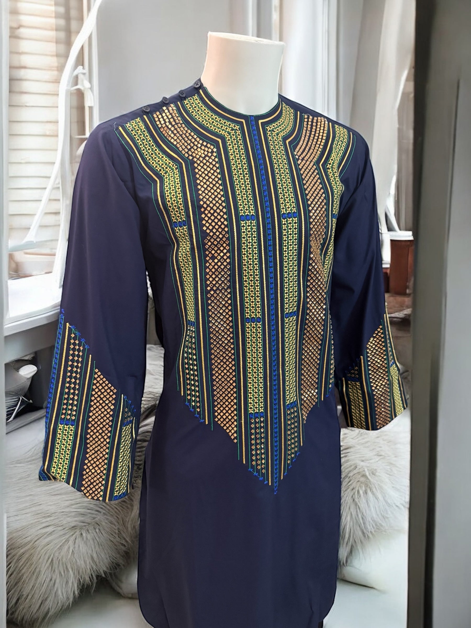 Afghan Parahan Tunban Kameese Shalwar Navy Blue Gold Shesha Embroidered Small