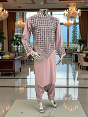 Small Men’s Dusty Rose Parahan Tumban with Black and Silver Geometric Embroidery – Afghan Traditional Outfit