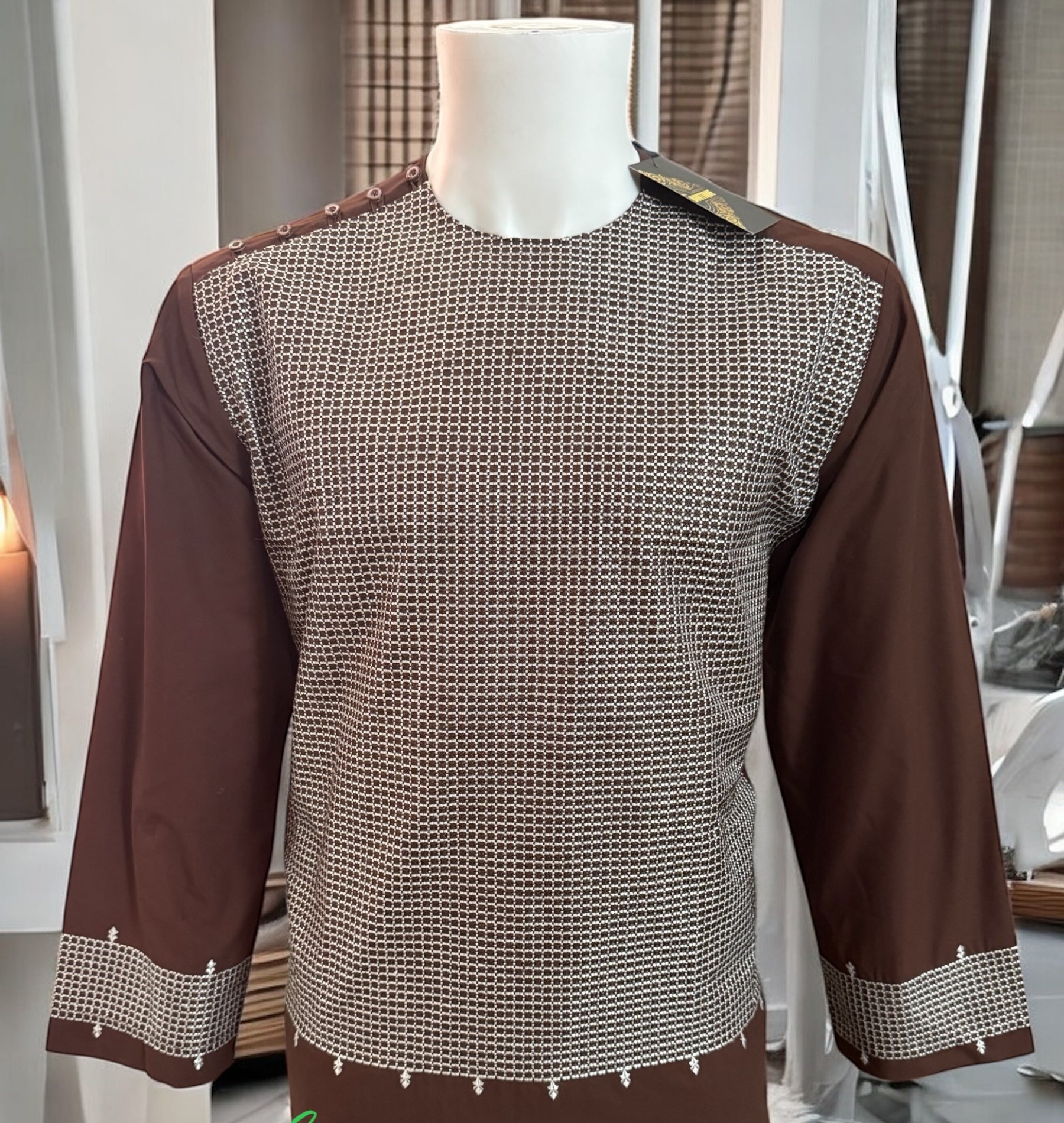 Men’s Brown Parahan Tumban with White Embroidery – Afghan Traditional Outfit (Small)