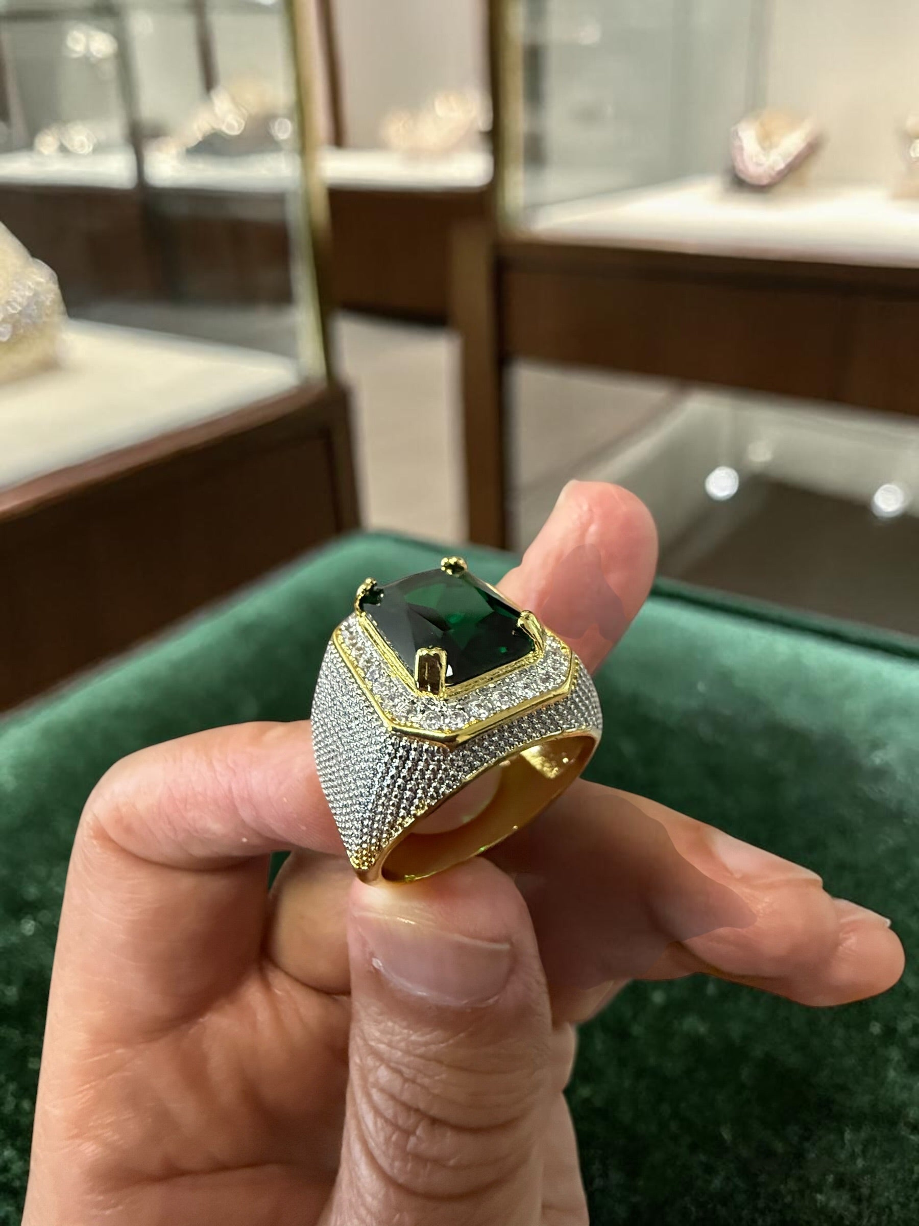 Men’s Green Zircon Statement Ring – Gold Tone Brass Cluster Design CGR