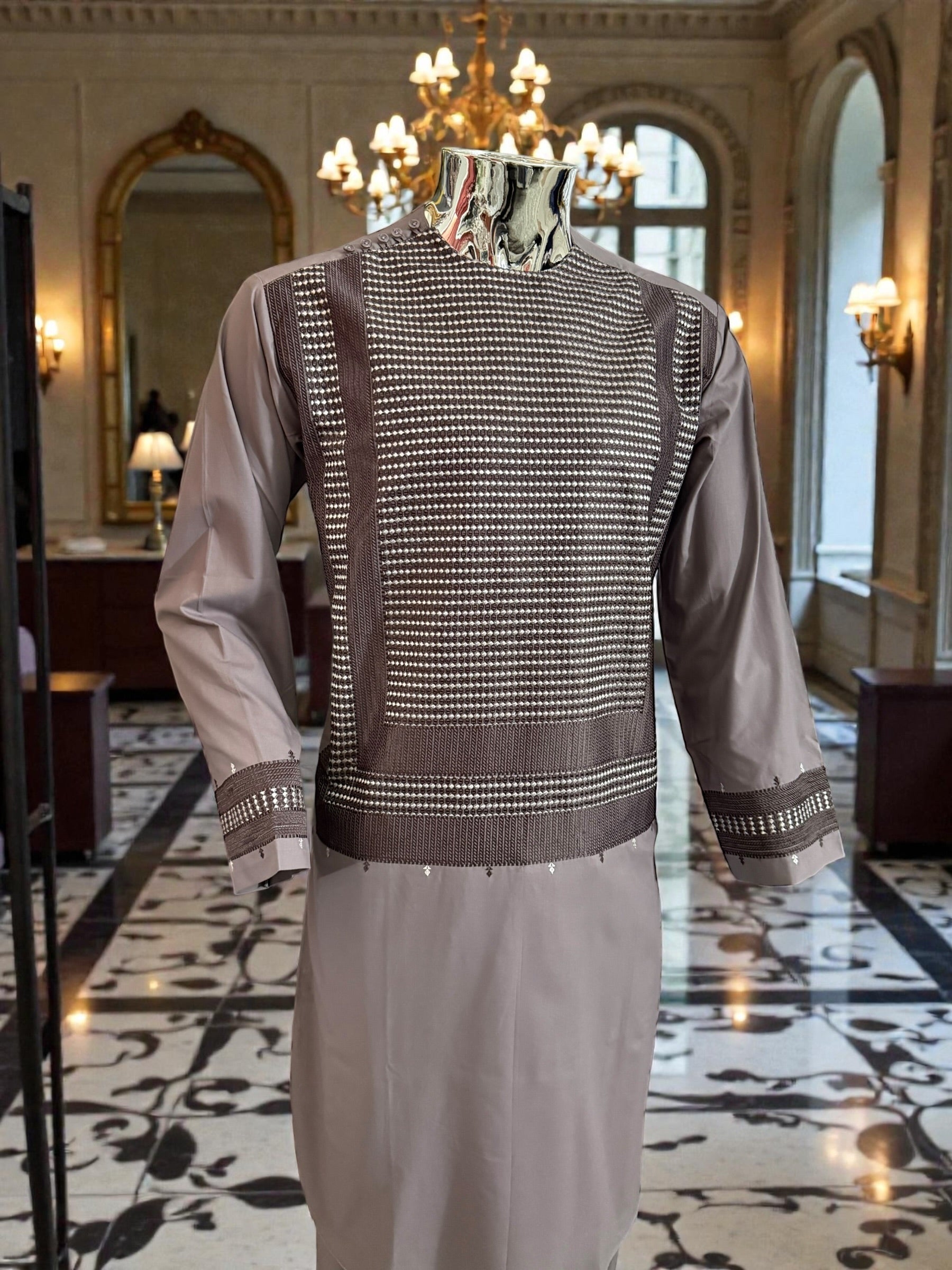 Men’s Plum Parahan Tumban with White Embroidery – Afghan Traditional Outfit (Small)