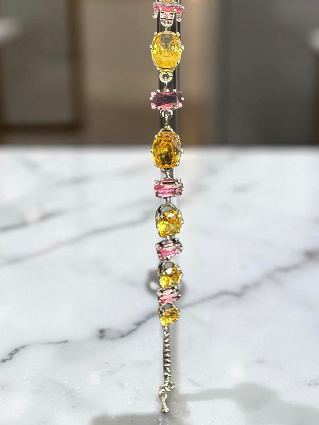 Yellow & Pink Crystal Tennis Bracelet – Silver Tone Oval & Emerald Cut Stone Bracelet for Women 7066