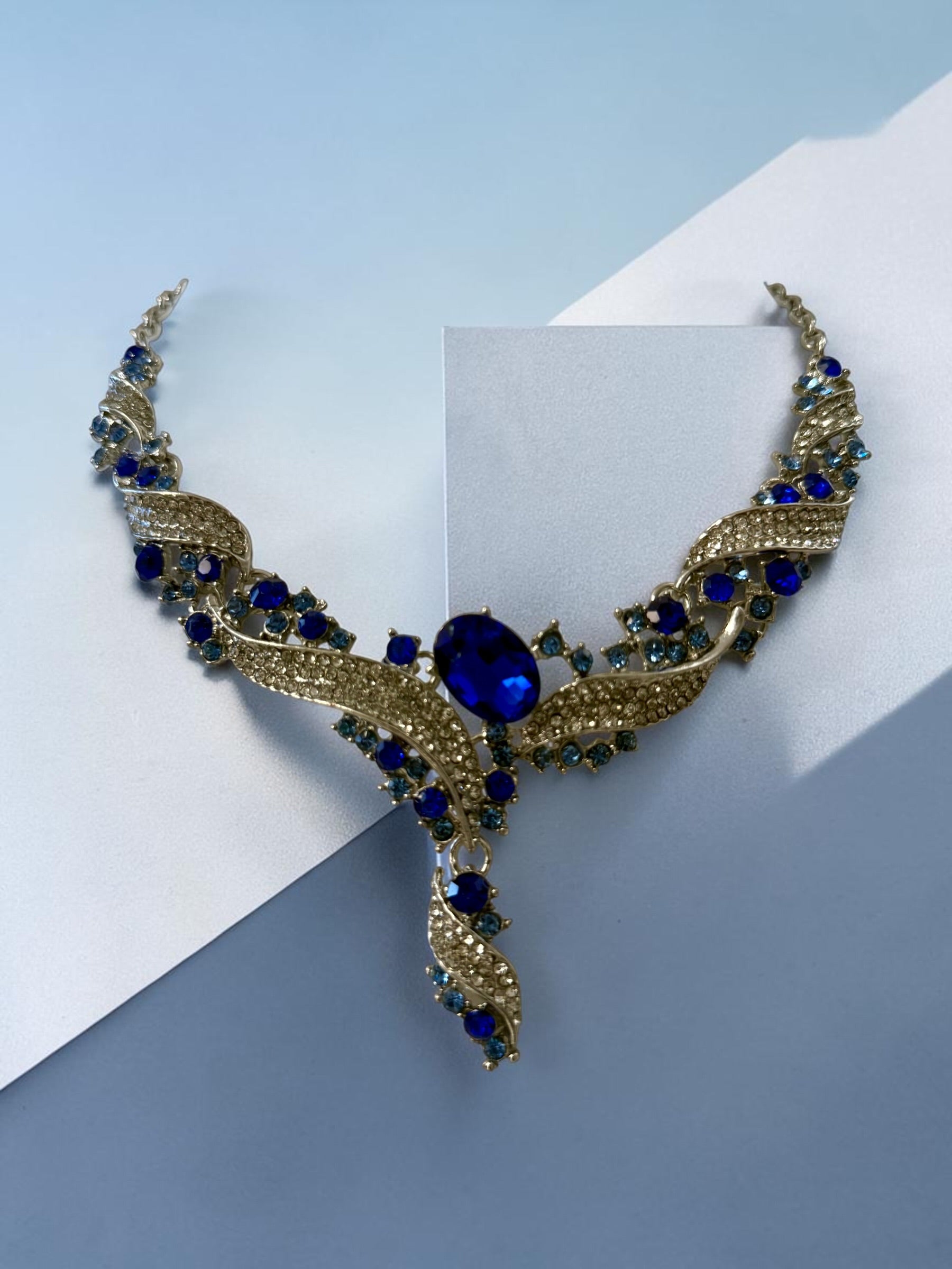 Royal Sapphire Blue Crystal Jewelry Set – Silver-Tone Necklace & Drop Earrings | Afghan, Pakistani, Indian & Middle Eastern Bridal Jewelry.  070