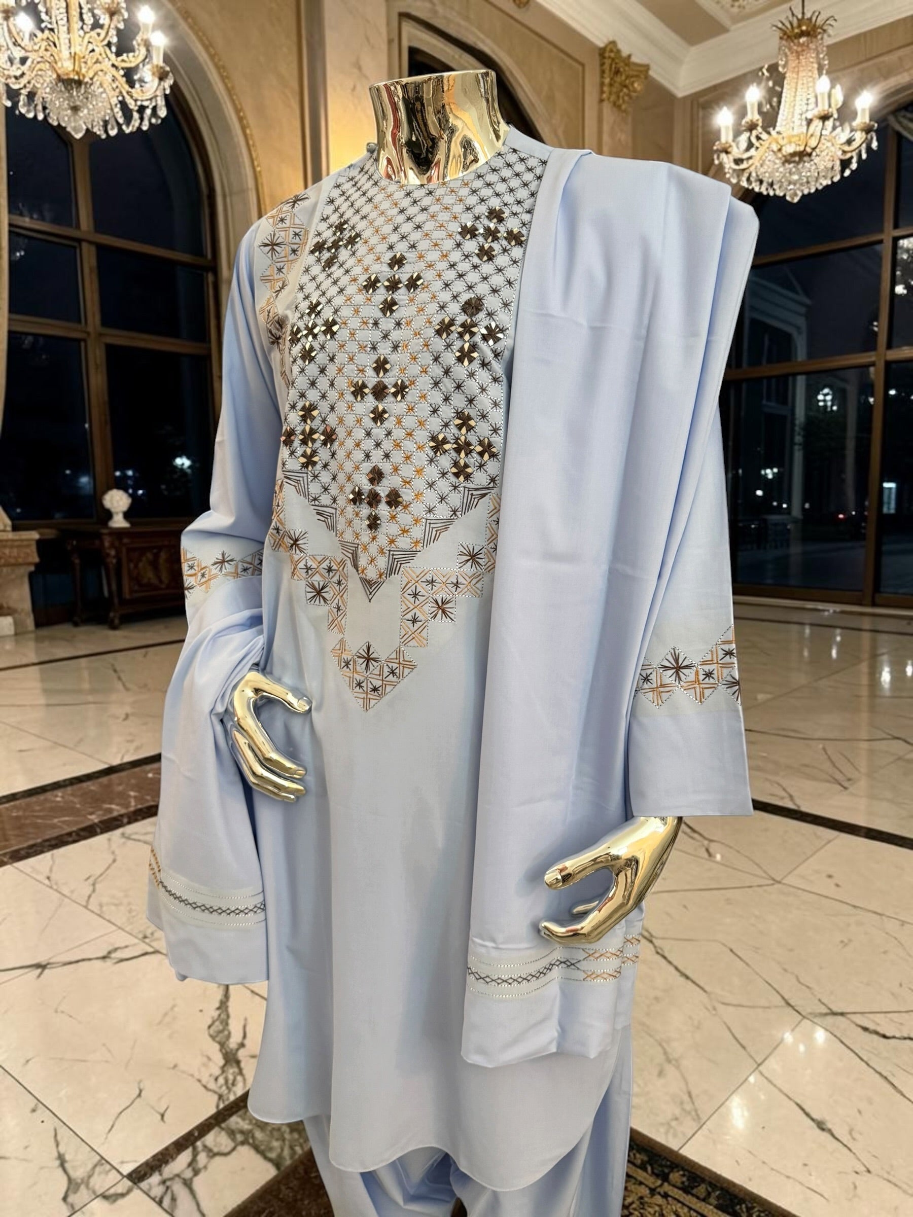 Medium Sky Blue Handmade Mirror Embroidered Afghan Parahan Tunban Set with Chadder