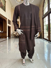 Medium Premium Dark Brown Machine Embroidered Parahan Tunban Set with Matching Pattu