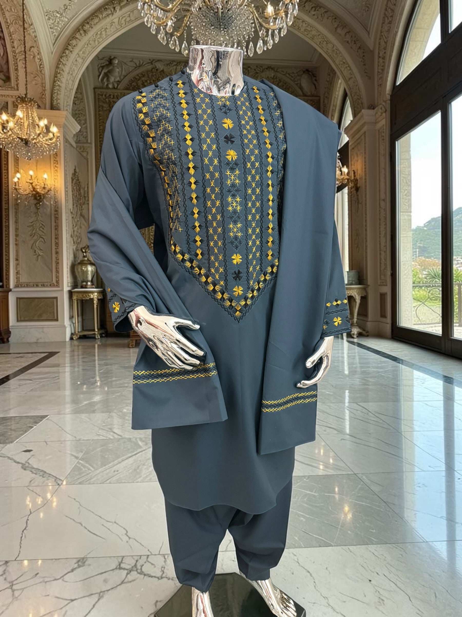 Medium Men’s Afghan Parahan Tunban Set – Dark Slate Blue with Premium Gold & Black Hand Embroidery with Chadder/patto