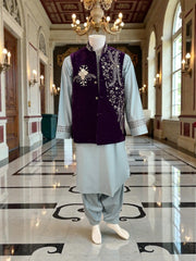 Large Royal Plum Velvet Afghan Waistcoat with Hand Embroidery