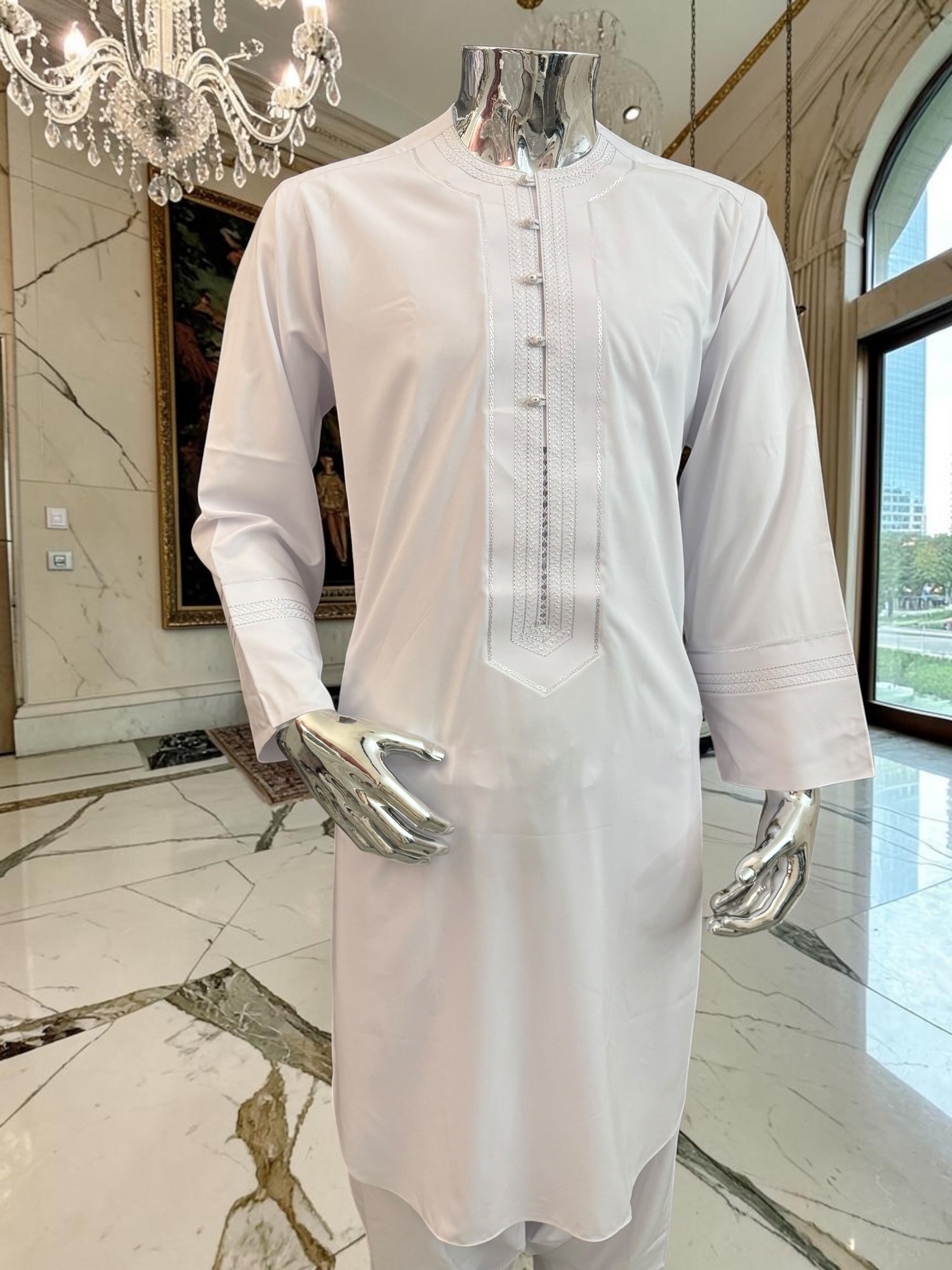 Men’s White Embroidered Afghan Parahan Tunban Set | Small–X-Large