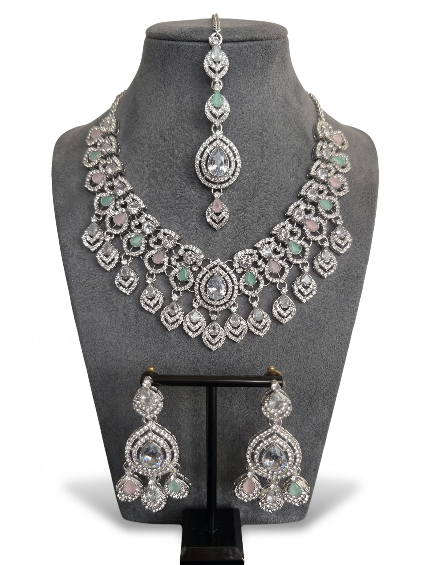 American Diamond Necklace, Earrings & Maang Tikka Jewelry Set – 7 Colors