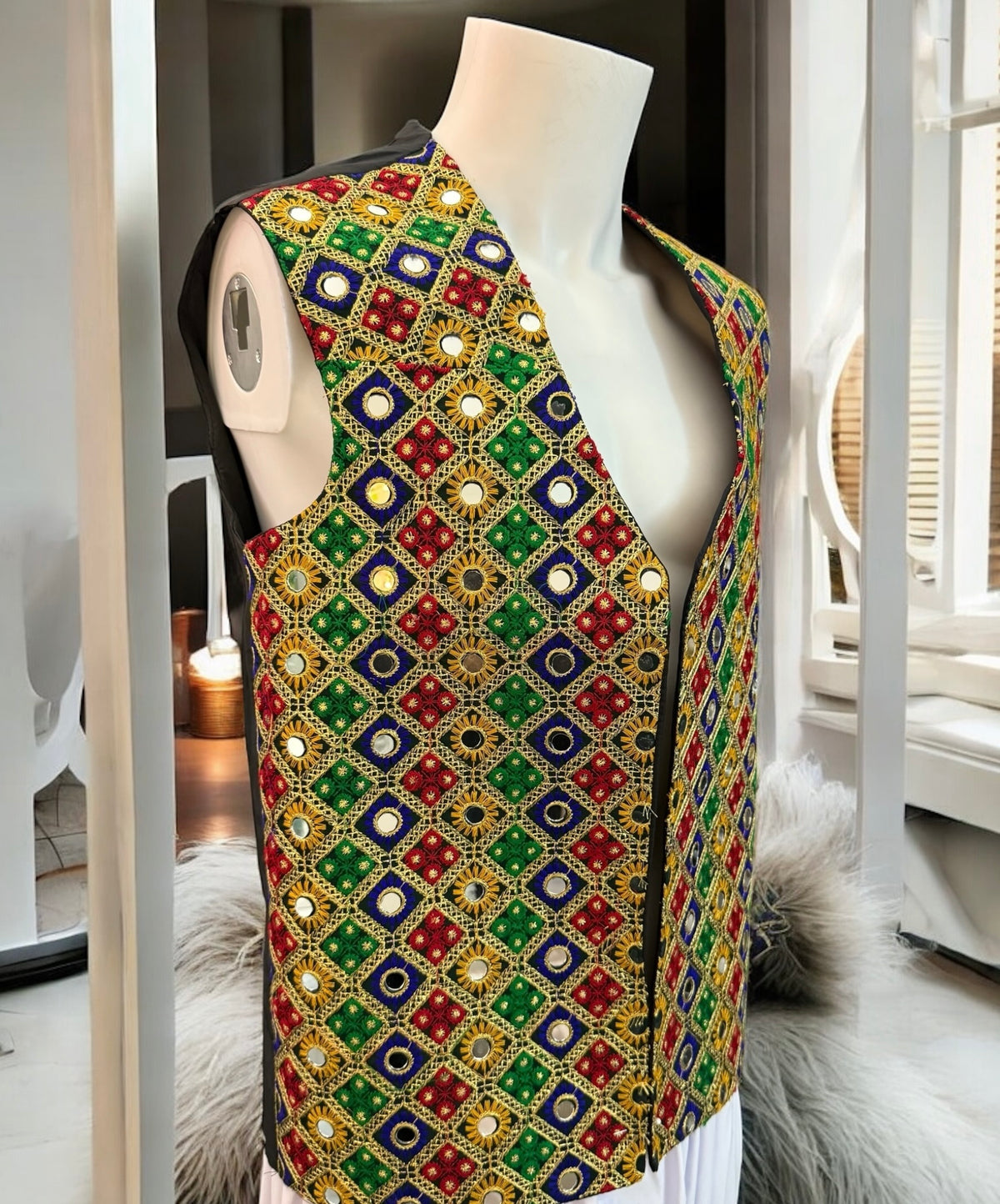Men’s Afghan Embroidered Mirror Work Vest – Multicolor, Medium