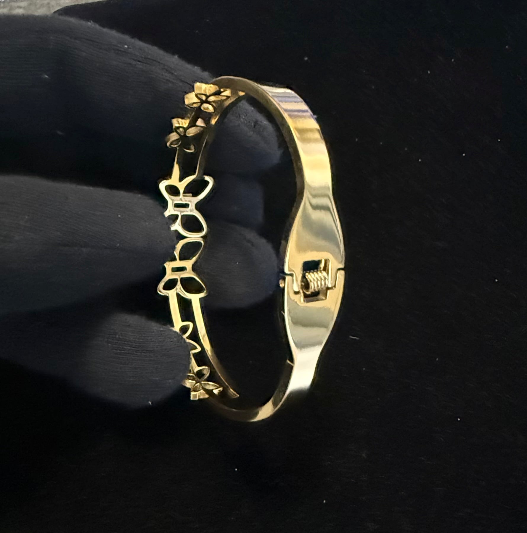 Gold Tone Stainless Steel Butterfly Bangle Bracelet with Green Stone Accents 8063