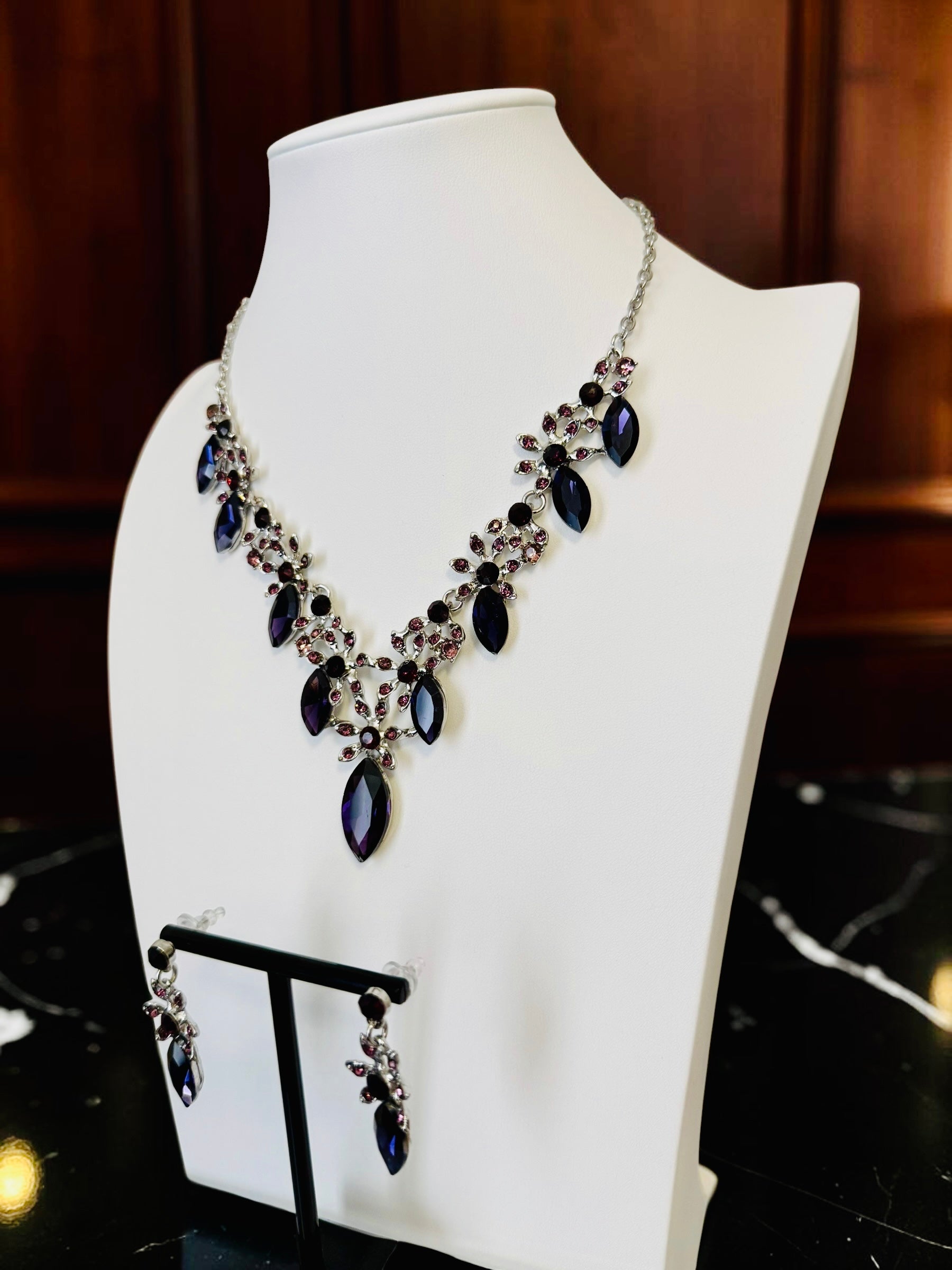 Silver-Plated Purple Crystal Necklace & Earrings Set | Elegant Statement Jewelry 072
